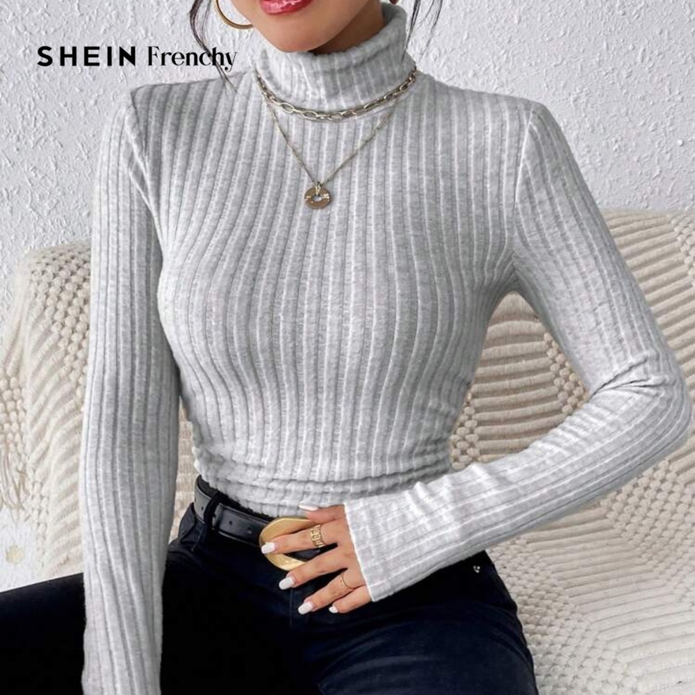 Shein Gray Turtleneck Side Ruched Top Size Small